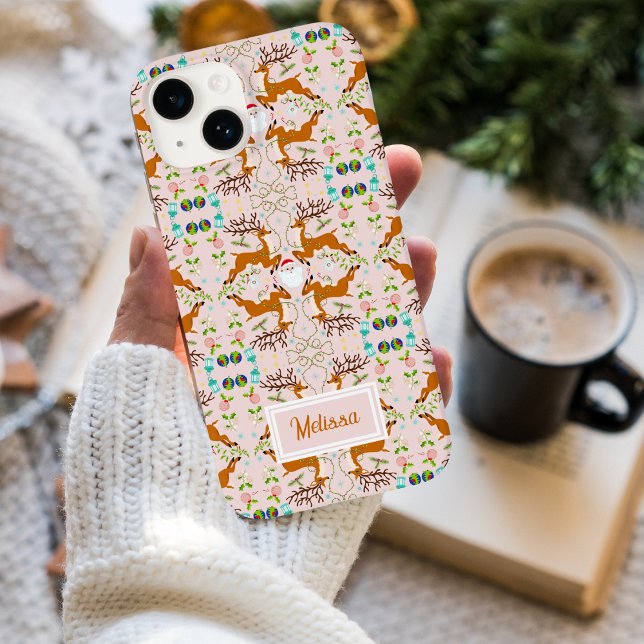 Coques Case-Mate iPhone Motif sans couture de rennes de Noël rose (Créateur téléchargé)