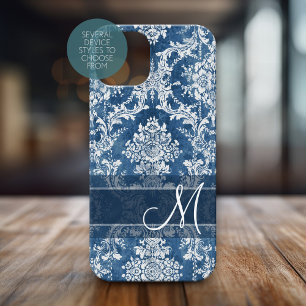 Coque Pour iPhone 14 Pro Motif Sapphire Grunge Damask avec Monogramme