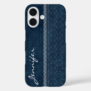 Coque Pour iPhone 16 Motif Sashiko Indigo Nom de Broderie Japonaise