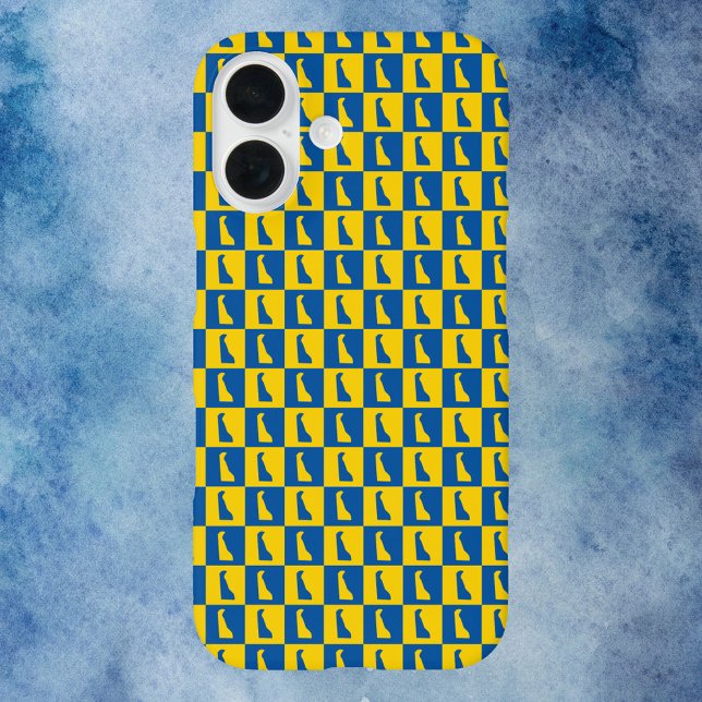 Coques Case-Mate iPhone  motif silhouette Delaware bleu or (A phone case with a blue and gold pattern of Delaware.)