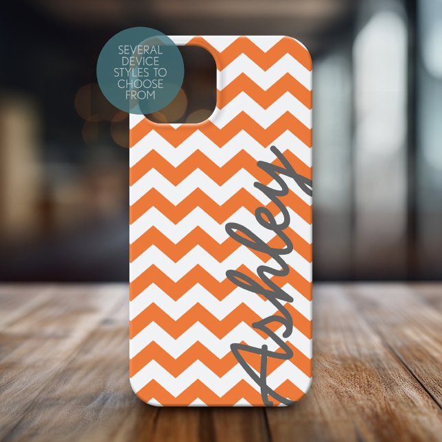 Coques Case-Mate iPhone Motif tendance Chevron avec nom - gris orange (Personalized Phone Case with Chevrons and Custom Name)