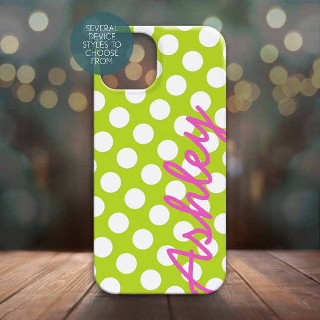 Coques Case-Mate iPhone Motif tendance Polka Dot avec nom - vert rose (Personalized Phone Case - Many Device Styles to Choose From)