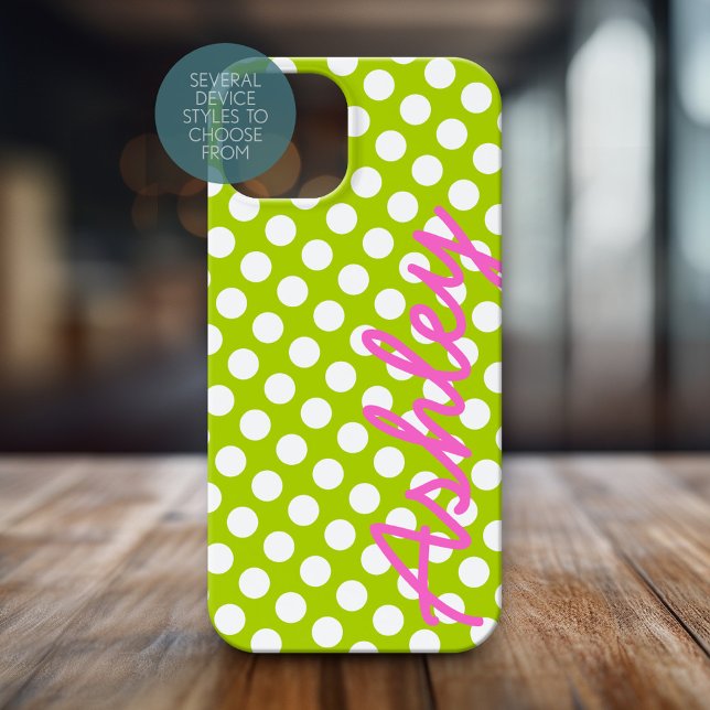 Coques Case-Mate iPhone Motif tendance Polka Dot avec nom - vert rose (Personalized Phone Case with Polka Dots and Custom Name)