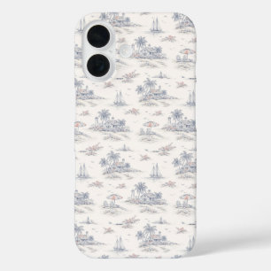 Coque Pour iPhone 16 Motif Toile de Jouy Tropical et Bleu Côté Mer