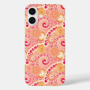 Coques iPhone 16 Plus Motif tourbillon fractal, corail, pêche