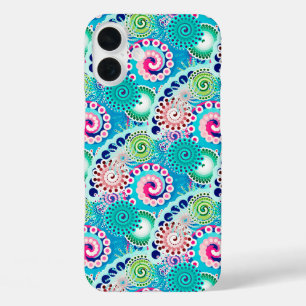Coques iPhone 16 Plus Motif tourbillon fractal, turquoise, rose, multi
