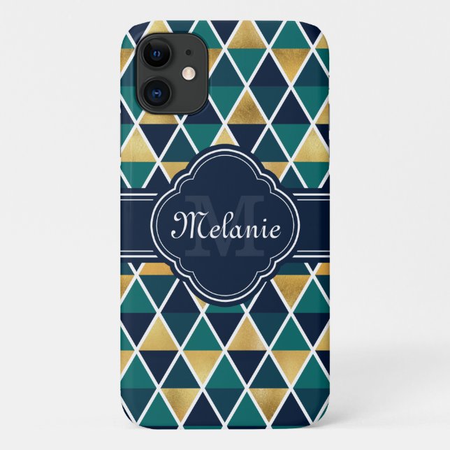 Coques Case-Mate iPhone Motif triangle géométrique Monogramme Turquoise or (Dos)