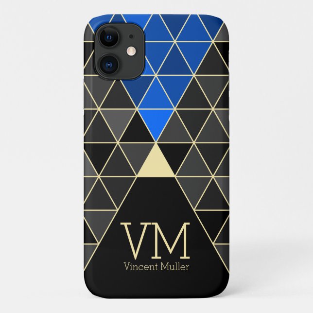 Coques Case-Mate iPhone Motif triangle moderne couleur bleu monogrammé (Dos)