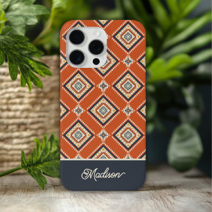 Coque Case-Mate iPhone Motif tribal aztèque bleu rouille Nom personnalisé