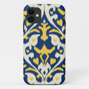 Coques Pour iPhone Motif tribal d'ikat bleu jaune de couleur chamois