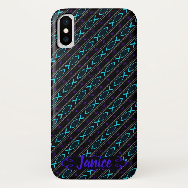 Coques Case-Mate iPhone motif turquoise de poissons de Jésus (Dos)