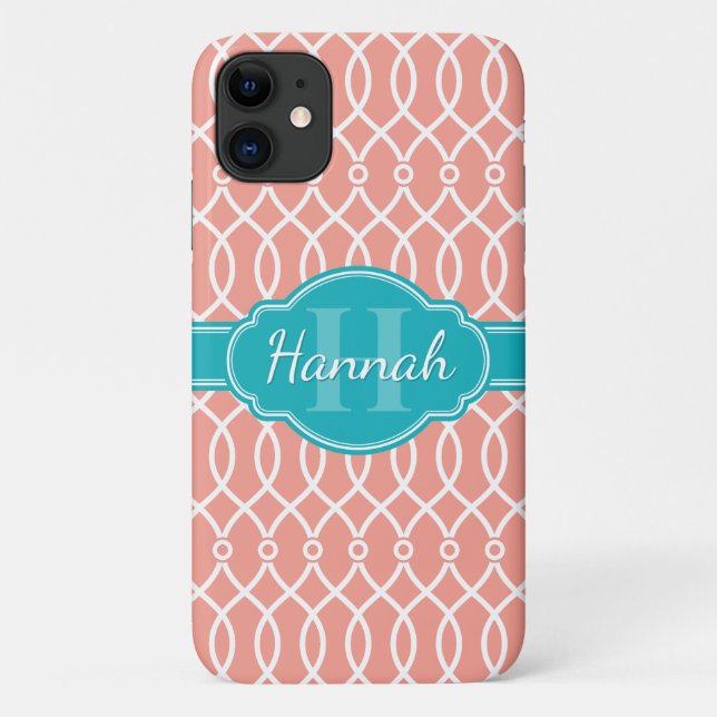 Coques Case-Mate iPhone Motif Turquoise Monogramme rose blanc élégant (Dos)