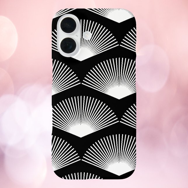 Coques Case-Mate iPhone Motif Ventilateur blanc Art déco Arrière - plan no (A phone case with an art deco white fan pattern on a black background.)