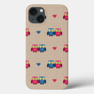 iPhone 13 Coque Motif vérifié avec des hiboux d'amour