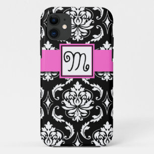 COQUE iPhone 11  MOTIF VINTAGE INITIAL, ROSE, NOIR GIRLY DE DAMASSÉ
