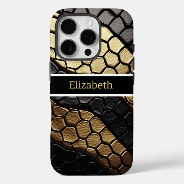 Coques Case-Mate iPhone Motifs frappants d'une peau de serpent noir et or (Verso)