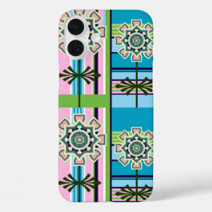 Coque Pour iPhone 16 Plus Motifs géométriques rétro et fleurs imaginaires