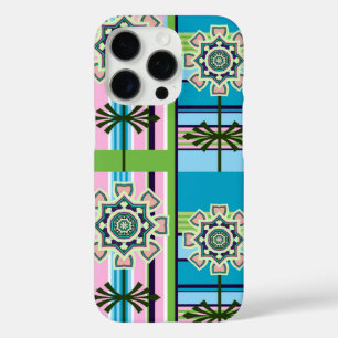 Coque iPhone 16 Pro Motifs géométriques rétro et fleurs imaginaires