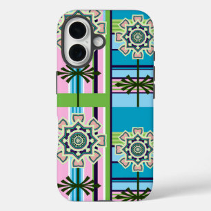 Coque Pour iPhone 16 Motifs géométriques rétro et fleurs imaginaires