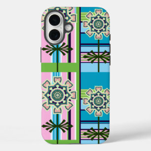 Coque Pour iPhone 16 Plus Motifs géométriques rétro et fleurs imaginaires