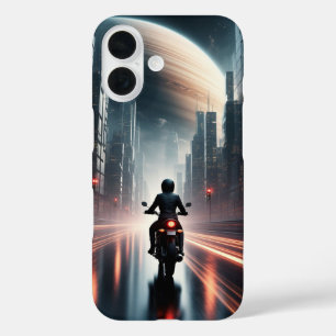 Coque Pour iPhone 16 Motorcycliste équitation dans la ville futuriste a