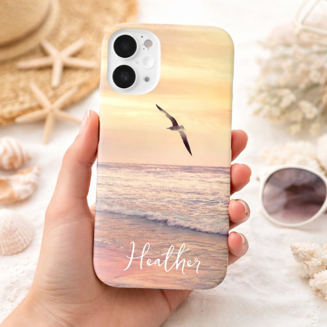 Coques Case-Mate iPhone Mouette sur la plage de Florida Sunrise (Sunrise with Seagull Bird Florida Beach Add Your Name Apple Phone Case)