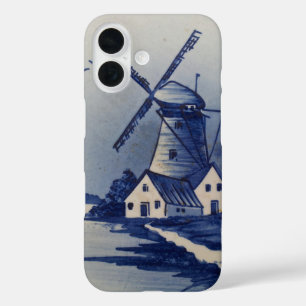 Coque Pour iPhone 16 Moulin à vent bleu blanc de Delft vintage