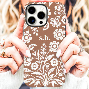 Coque iPhone 16 Pro Max Mousse de Mocha Fleur de Fauvette Rétro Monogramme