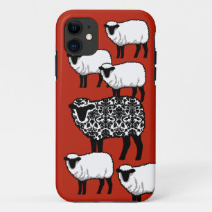 Coques Pour iPhone Mouton noir Damas sur rouge