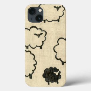 iPhone 13 Coque Moutons blancs et noirs sur l'arrière - plan crème