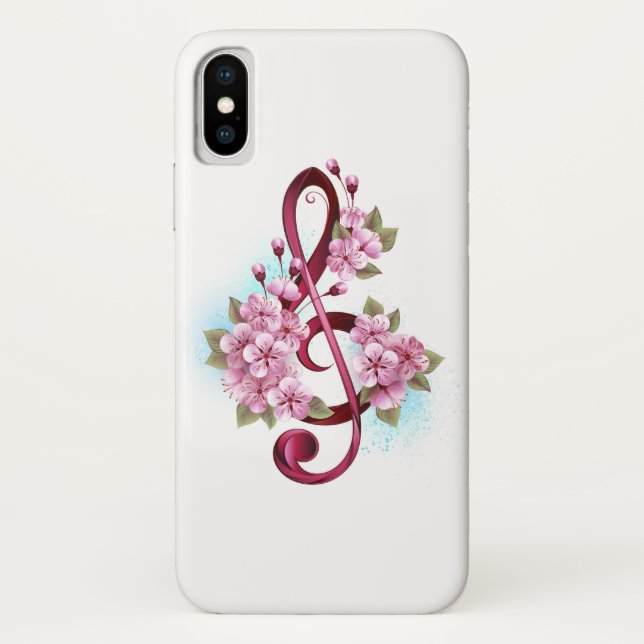 Coques Case-Mate iPhone Musical treble clef notes with sakura flowers (Dos)