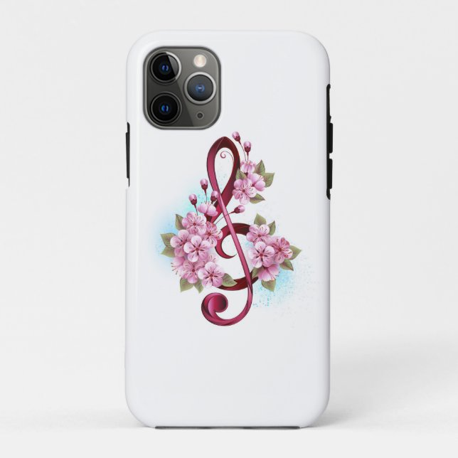 Coques Case-Mate iPhone Musical treble clef notes with sakura flowers (Dos)