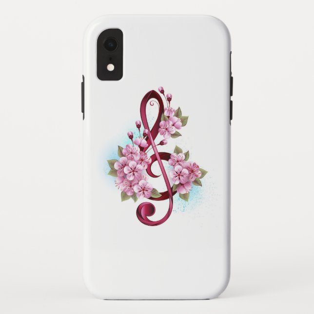 Coques Case-Mate iPhone Musical treble clef notes with sakura flowers (Dos)
