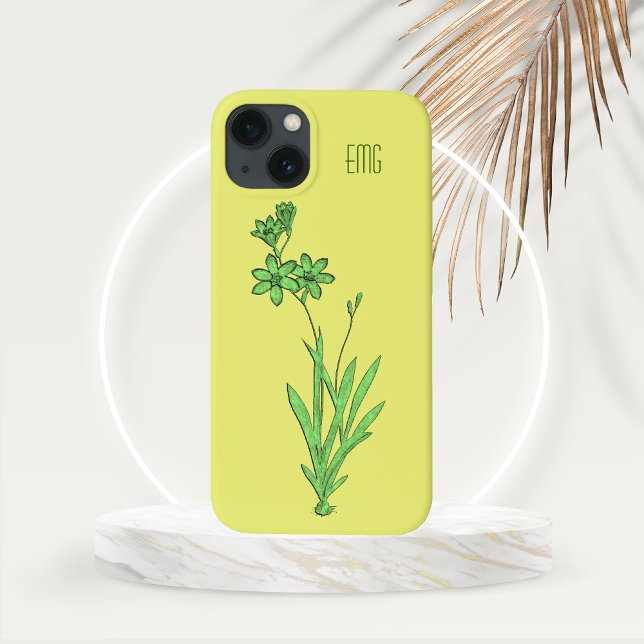 Coques Case-Mate iPhone Narcisse sauvage en vert (Wild Narcissus in Green on a Yellow Background with Customizable Monogram Phone Case)