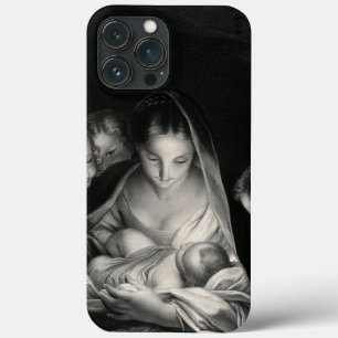 iPhone 13 Pro Max Coque Nativity Baby Jésus Virgin Mary Angels Black White