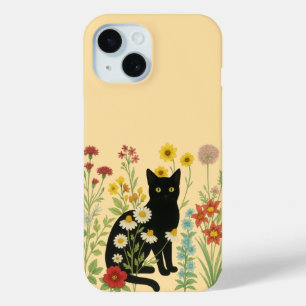 Coque Case-Mate iPhone Nature botanique – Chat noir dans un jardin de fle