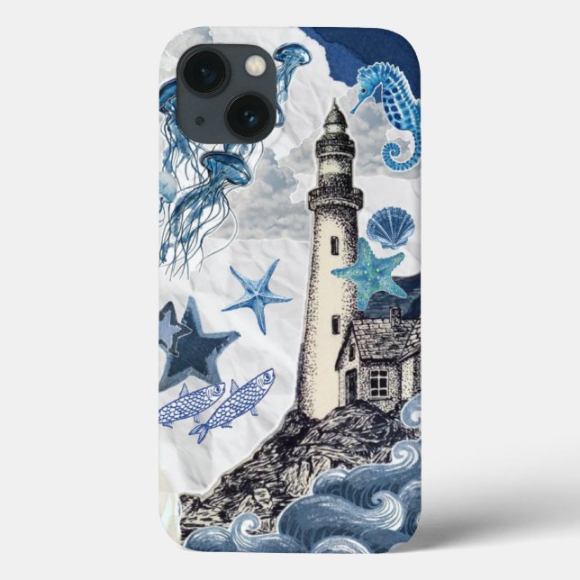 Coques Case-Mate iPhone Nautical Coastal Collage: Lighthouse & Sea Life Ed (Verso)