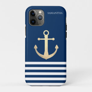 Case-Mate iPhone Case Nautical, Gold Anchor Navy Blue Striped