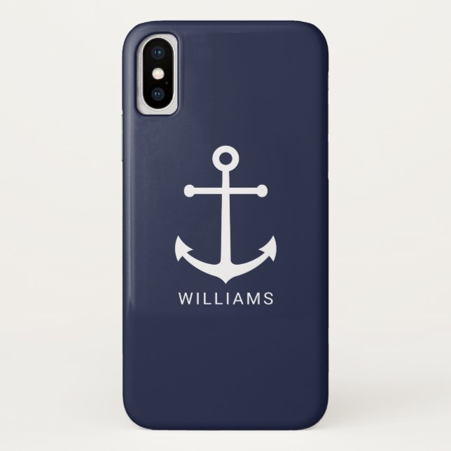Coques Case-Mate iPhone Nautical White Anchor and Custom Nom on Navy Blue (Dos)