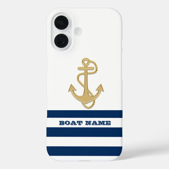 Coques Case-Mate iPhone Nautique, Ancre d'Or  Bleu Marine Rayures Blanches (Verso)
