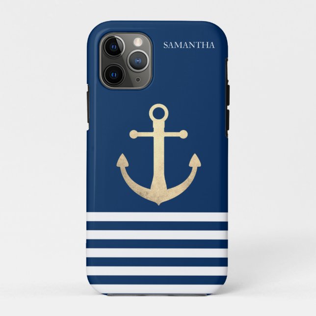 Coques Case-Mate iPhone Nautique, Ancre Dorée  Rayé Bleu Marine (Dos)