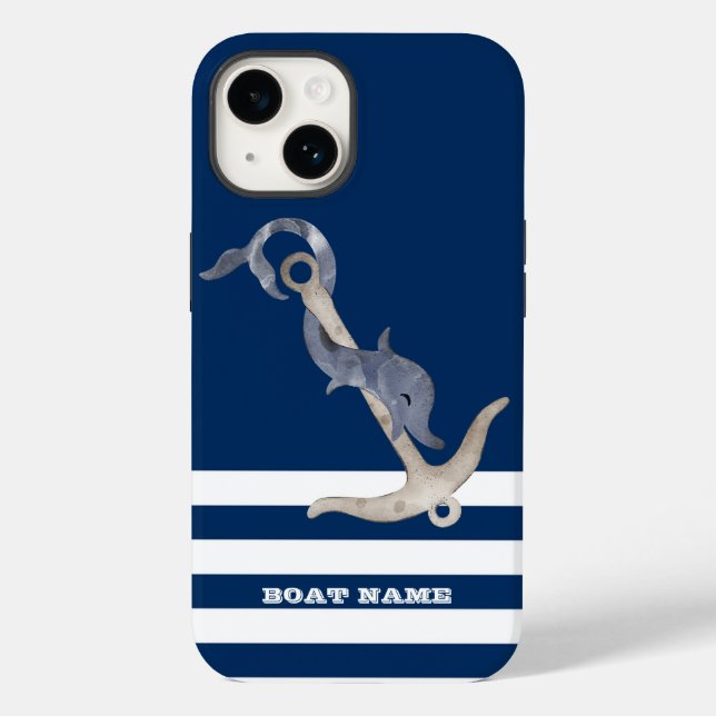 Coques Case-Mate iPhone Nautique, Dauphin d'ancre rayé bleu marine (Verso)