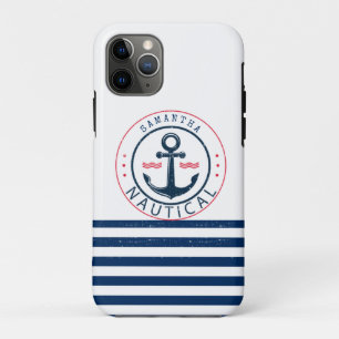 Case-Mate iPhone Case Nautique, nom de bateau, ancrage bleu marine rayé