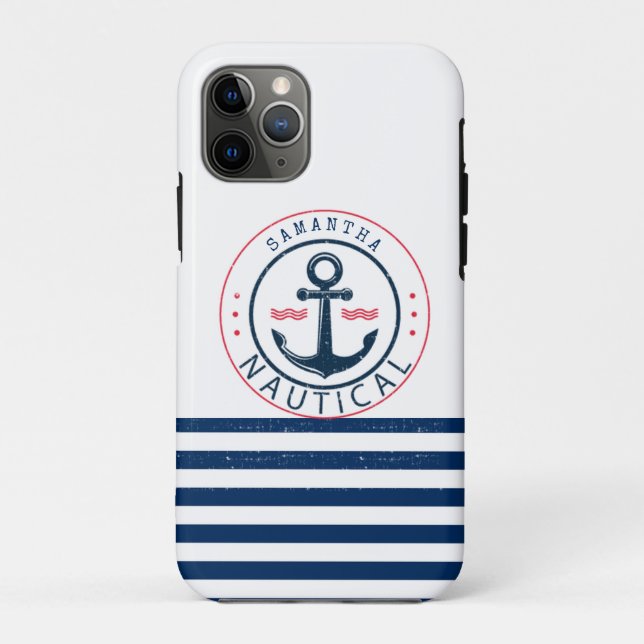 Coques Case-Mate iPhone Nautique, nom de bateau, ancrage bleu marine rayé (Dos)