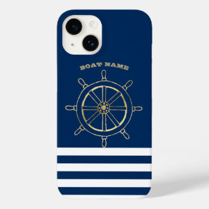 Coque Case-Mate iPhone Nautique, Roue de bateau dorée, Rayures bleu marin