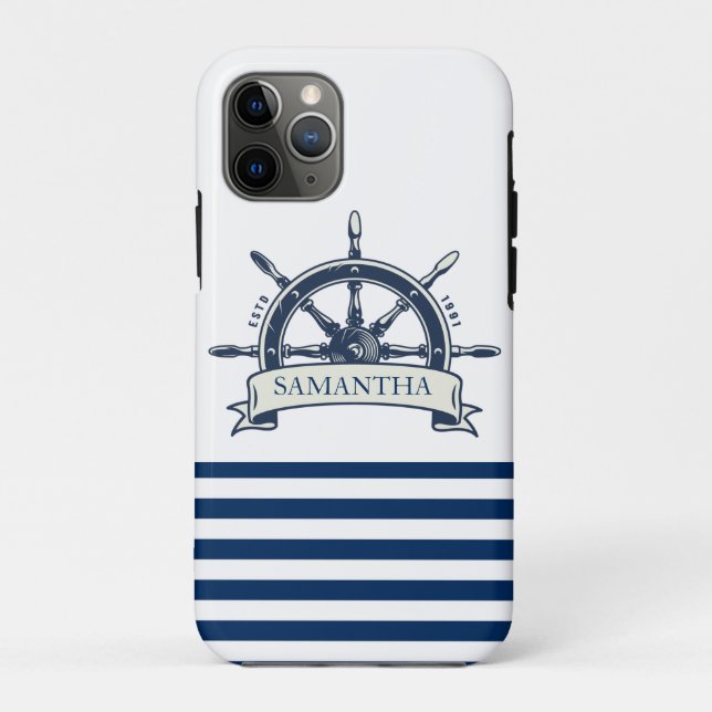 Coques Case-Mate iPhone Nautique, Roue de Bateau, Rayures Bleu Marine et B (Dos)