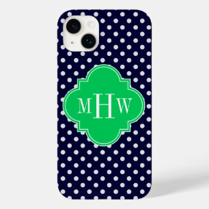Coque Pour iPhone 14 Plus Navy Blanc pois émeraude Quatrefoil 3 Monogramme