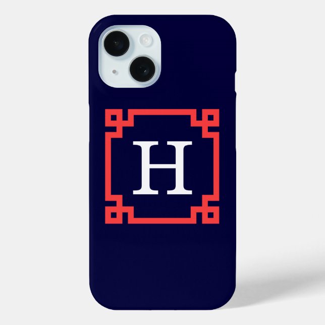 Coques Case-Mate iPhone Navy, cadre grec rouge corail Monogramme initial # (Verso)