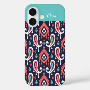 Coque Pour iPhone 16 Navy et Coral Ikat Paisley Monogramme