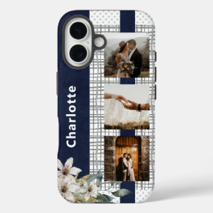Coque Pour iPhone 16 Navy Floral 3 Photo Anniversaire Couple Nom